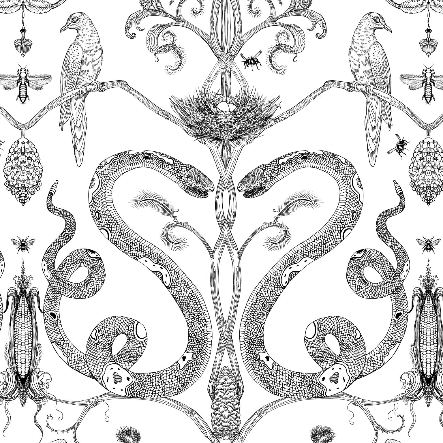 Modern Snake Party in Charcoal-Smooth Wallpaper with Hand Drawn Animals For Sale