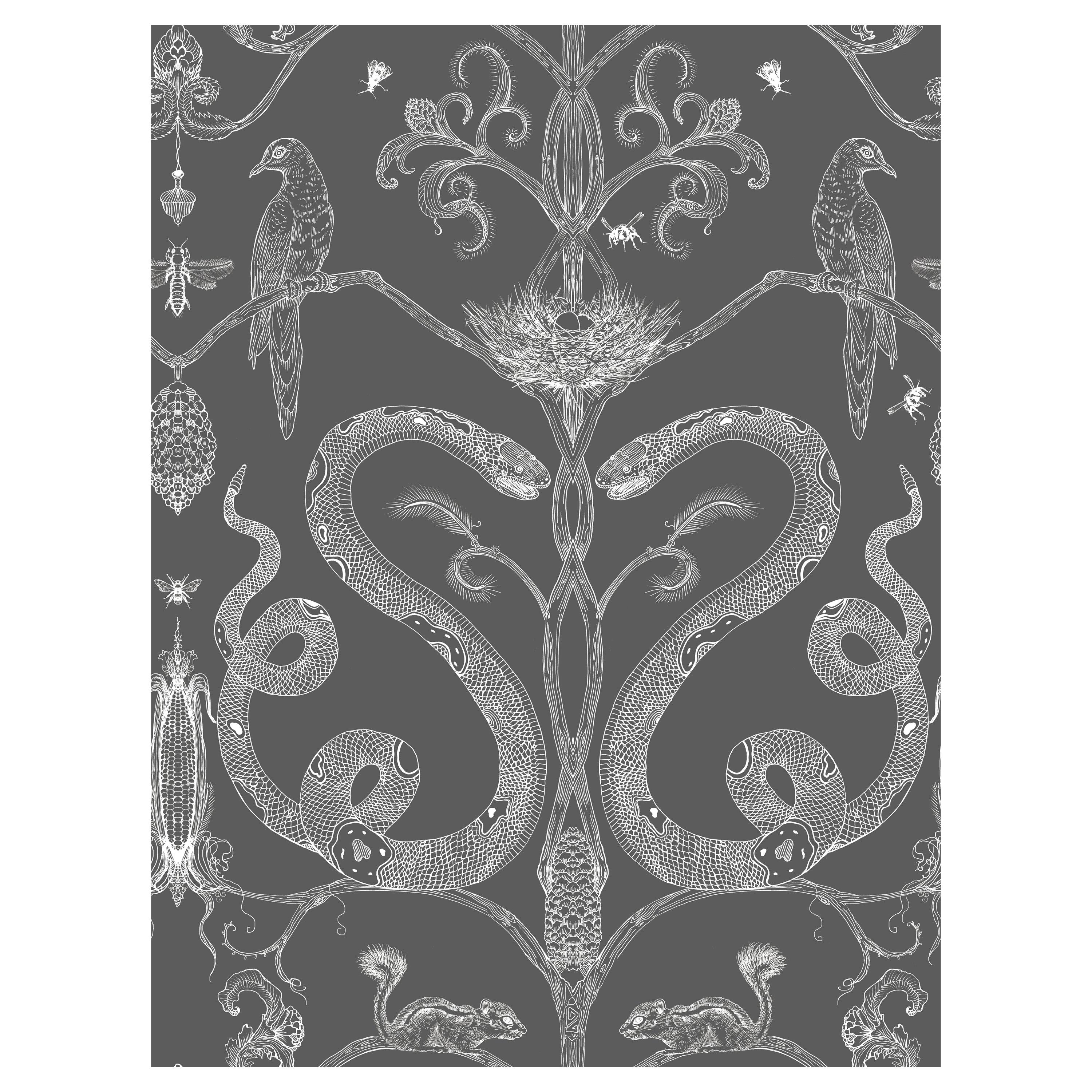 Snake Party in Charcoal-Smooth Wallpaper with Hand Drawn Animals For Sale