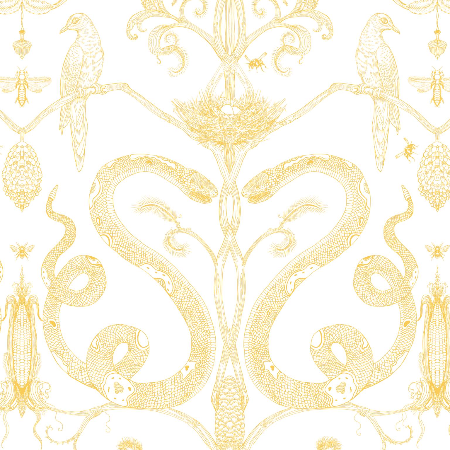 Paper Snake Party in Gold on Black-Smooth Wallpaper with Hand Drawn Animals For Sale