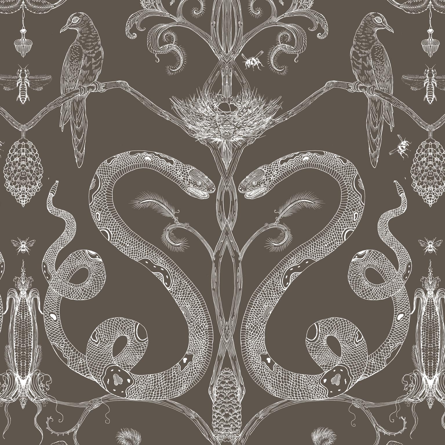 Contemporary Snake Party in Gold on Black-Smooth Wallpaper with Hand Drawn Animals For Sale