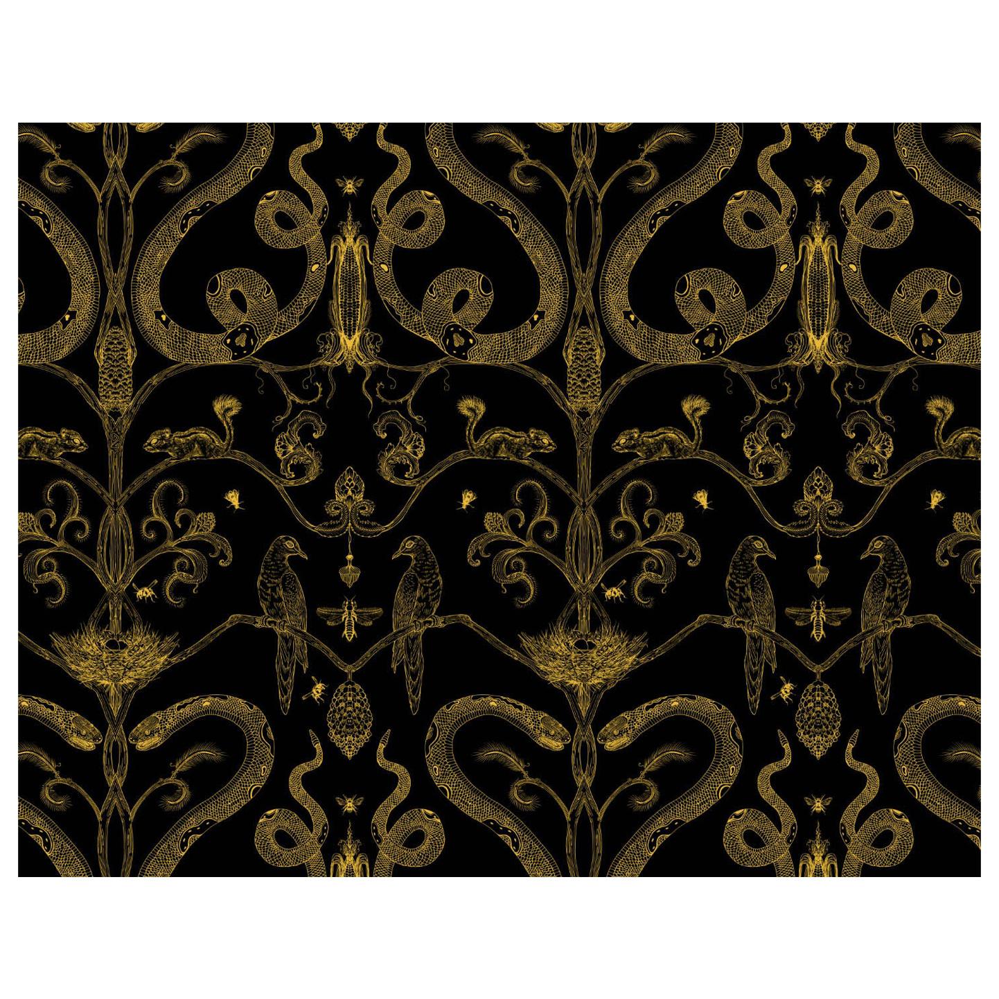 Snake Party in Gold on BlackSmooth Wallpaper with Hand Drawn Animals