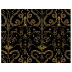 Snake Party in Gold on Black-Smooth Wallpaper with Hand Drawn Animals