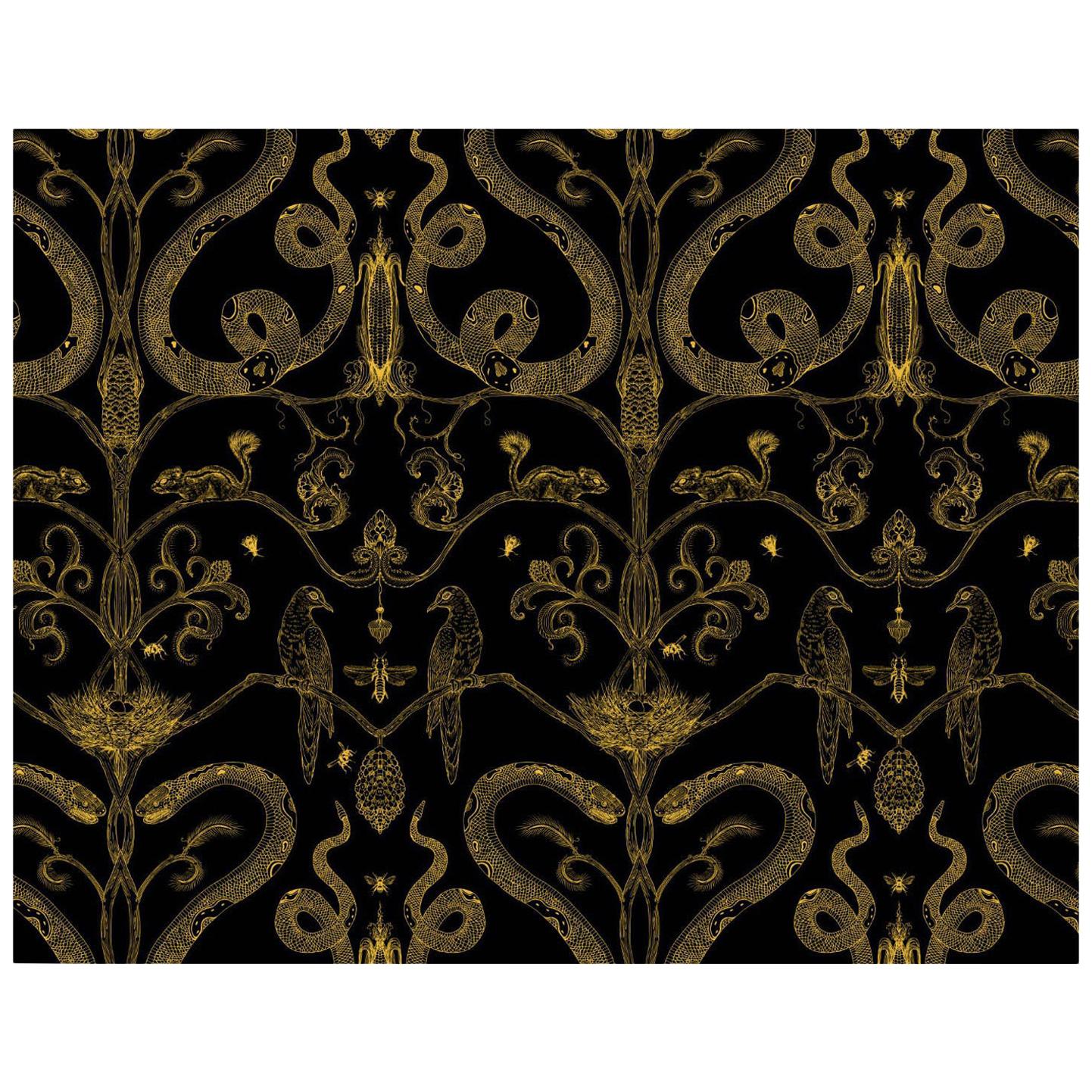 Snake Party in Gold on Black-Smooth Wallpaper with Hand Drawn Animals For Sale