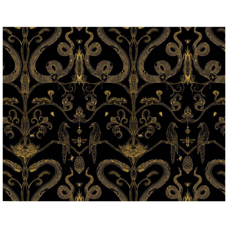 Snake Party in Gold on Black-Smooth Wallpaper with Hand Drawn Animals