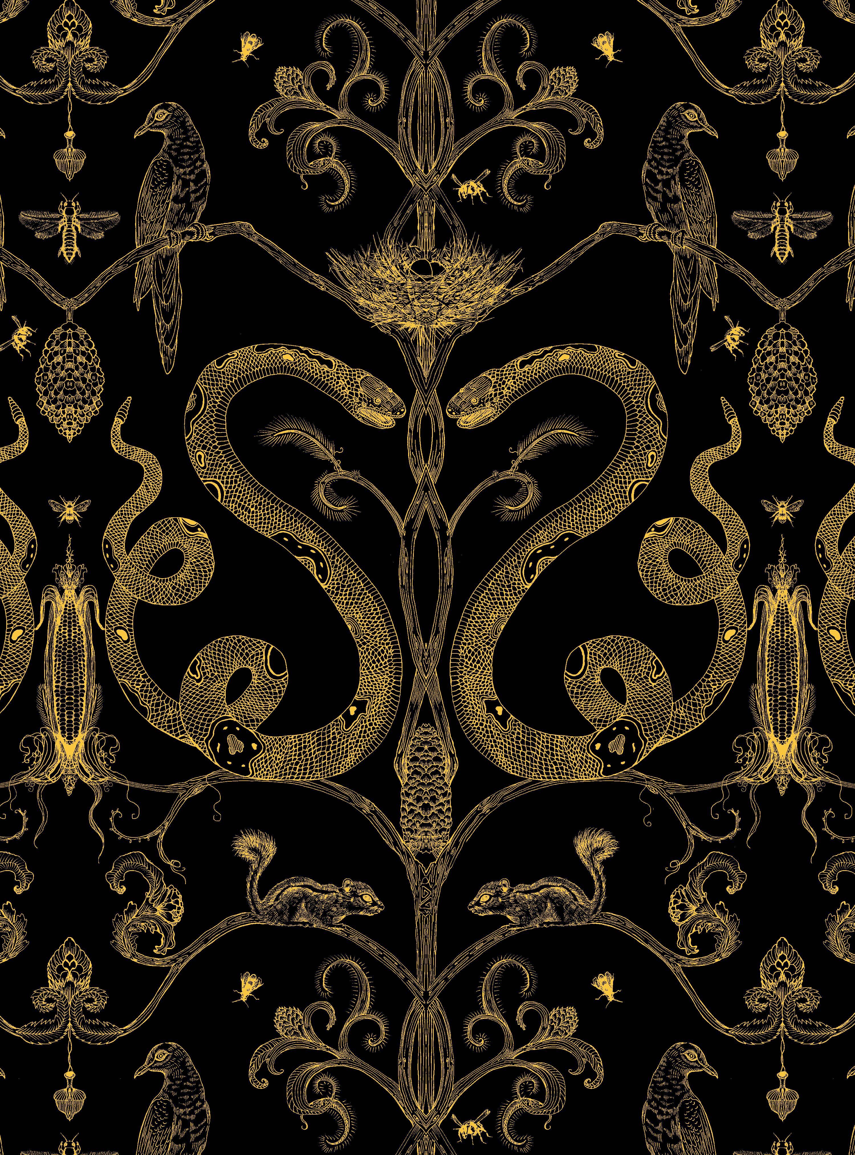 Modern Snake Party in Gold on White-Smooth Wallpaper with Hand Drawn Animals For Sale
