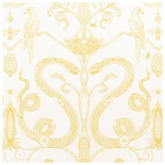 Snake Party in Gold on White-Smooth Wallpaper with Hand Drawn Animals
