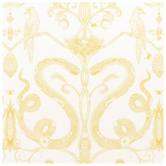 Snake Party in Gold on White-Smooth Wallpaper with Hand Drawn Animals