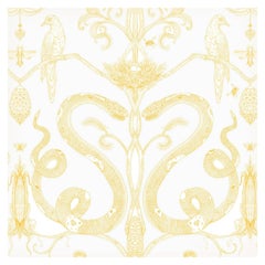 Snake Party in Gold on White-Smooth Wallpaper with Hand Drawn Animals