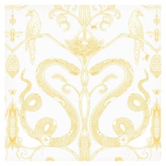 Snake Party in Gold on White-Smooth Wallpaper with Hand Drawn Animals