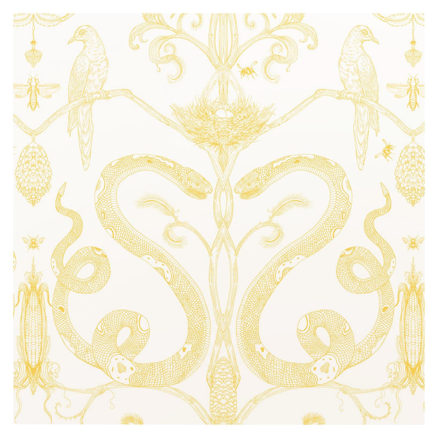 Snake Party in Gold on White-Smooth Wallpaper with Hand Drawn Animals For Sale