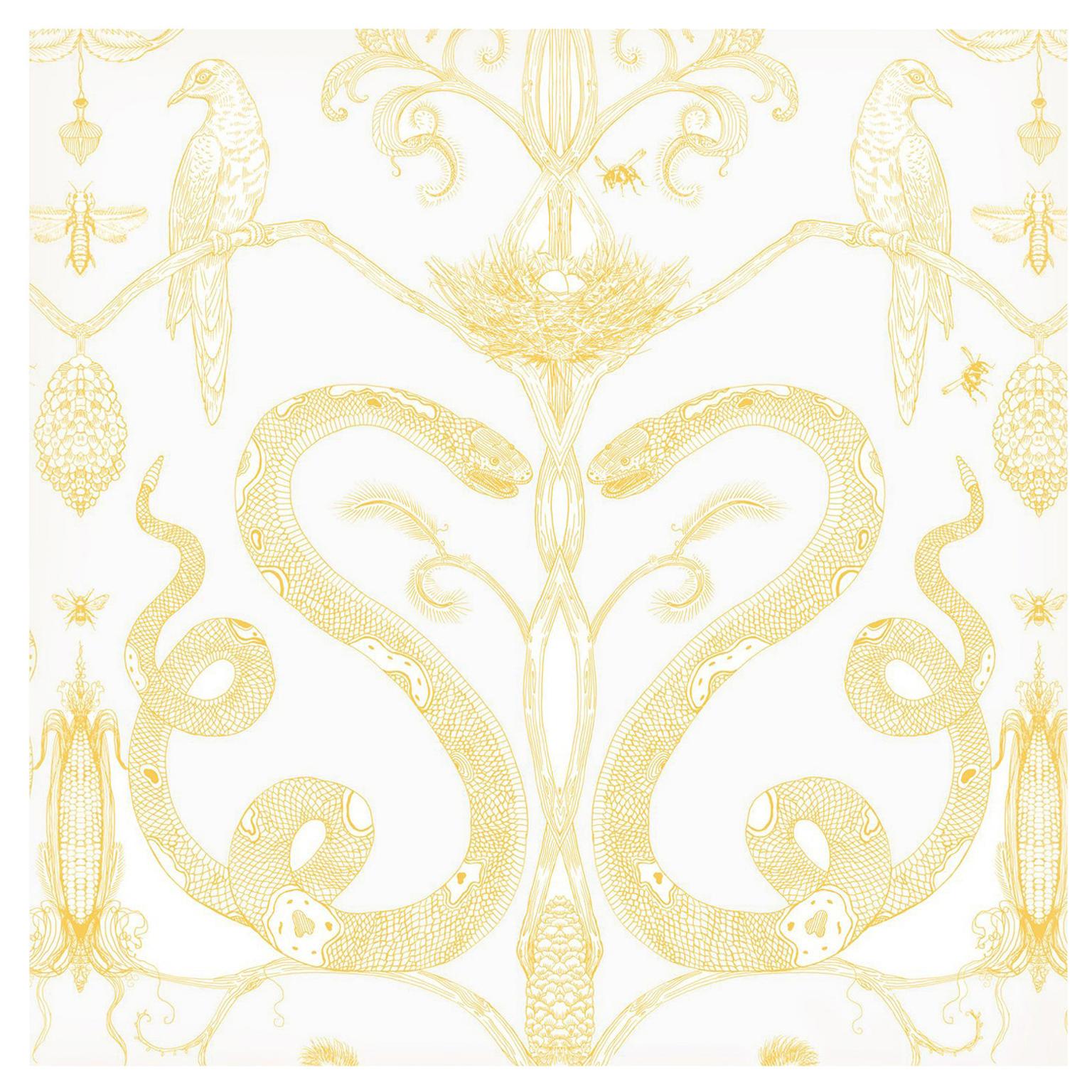 Snake Party in Gold on White-Smooth Wallpaper with Hand Drawn Animals For Sale