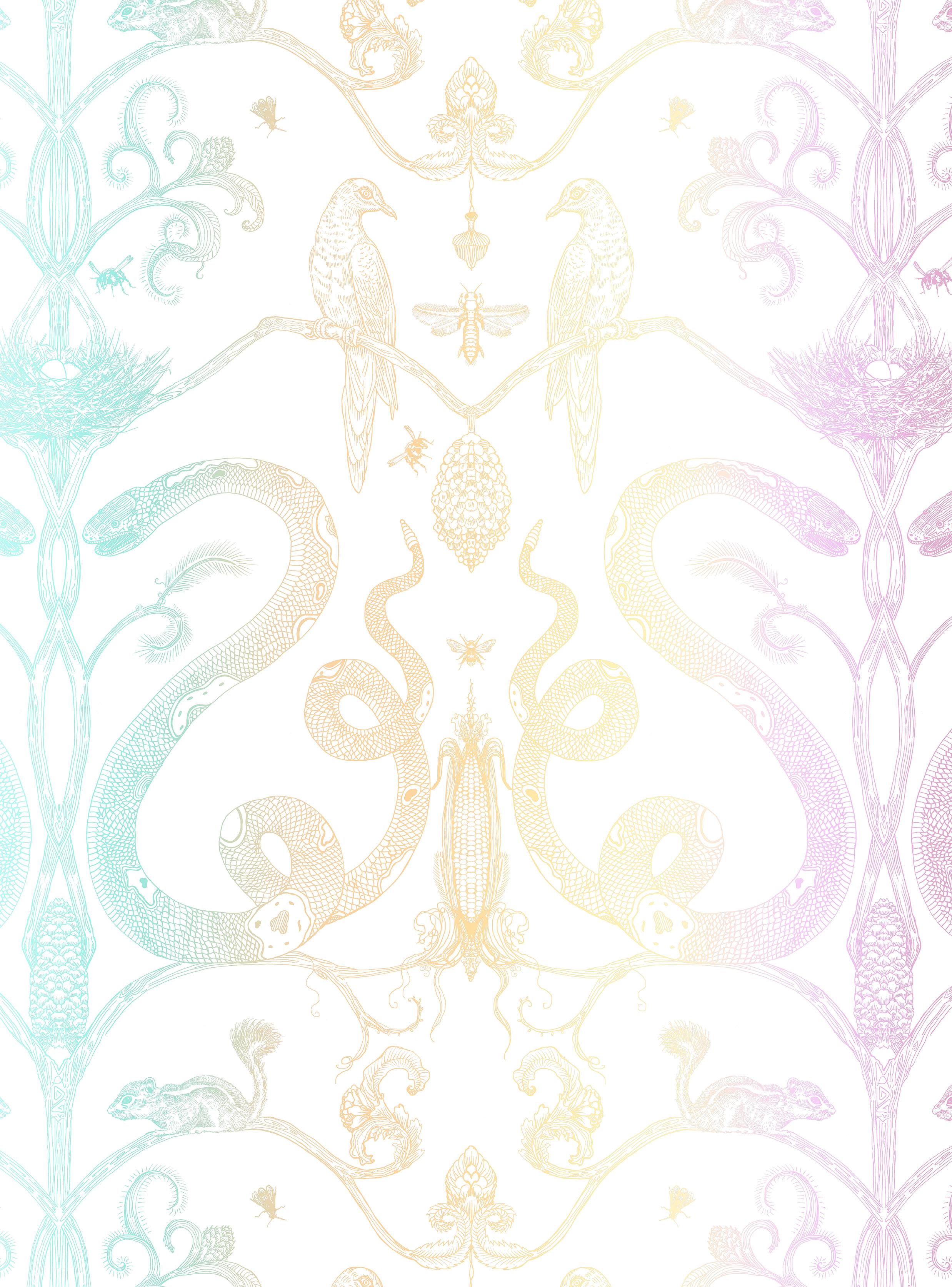 Snake Party in Lilac on Cream-Smooth Wallpaper with Hand Drawn Animals For Sale 2