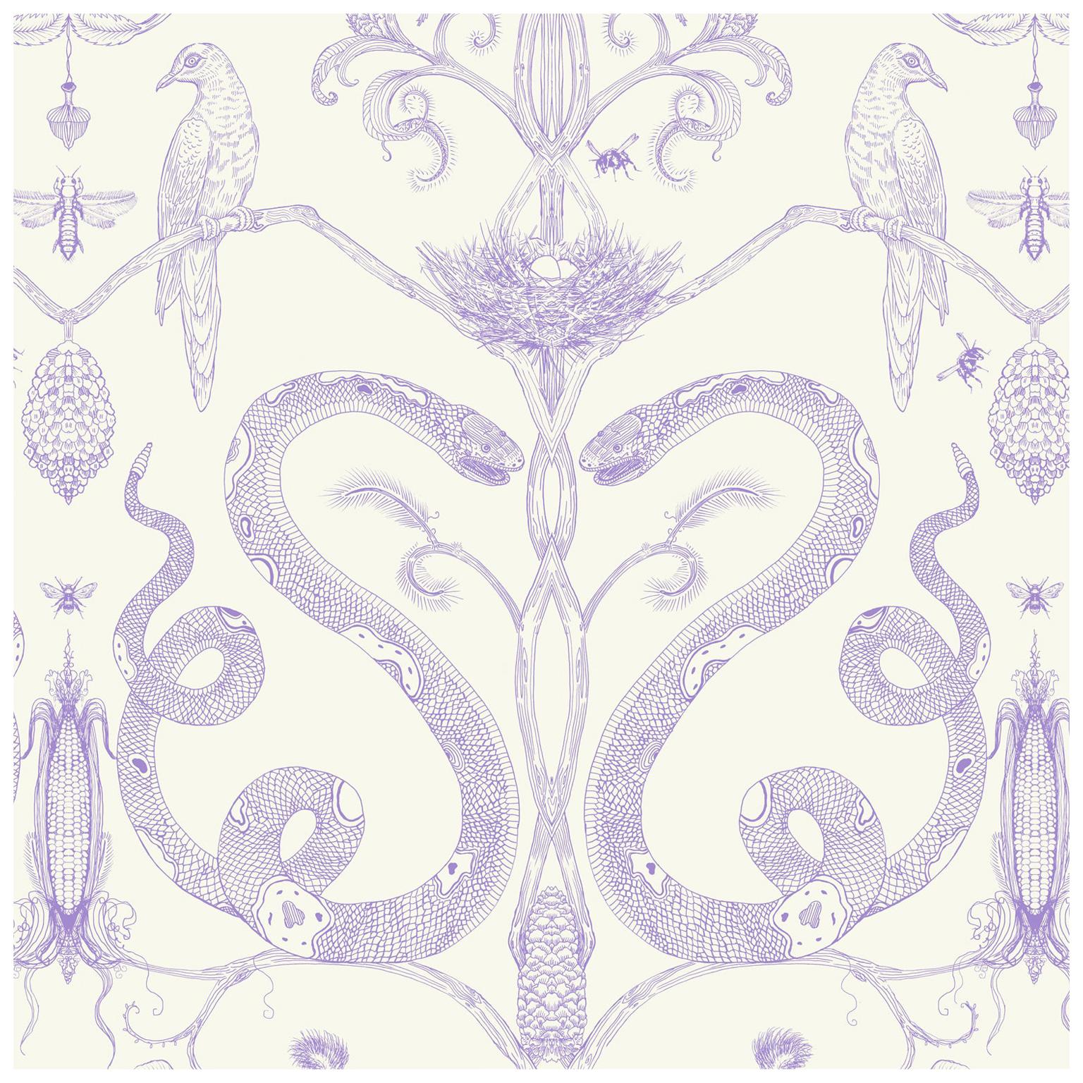 Snake Party in Lilac on Cream-Smooth Wallpaper with Hand Drawn Animals For Sale