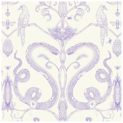 Snake Party in Lilac on Cream-Smooth Wallpaper with Hand Drawn Animals