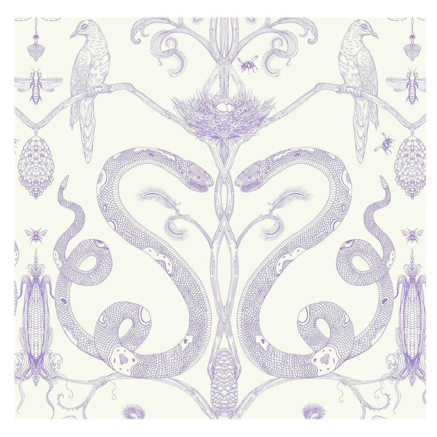 Snake Party in Lilac on Cream, Smooth Wallpaper with Hand Drawn Animals For Sale