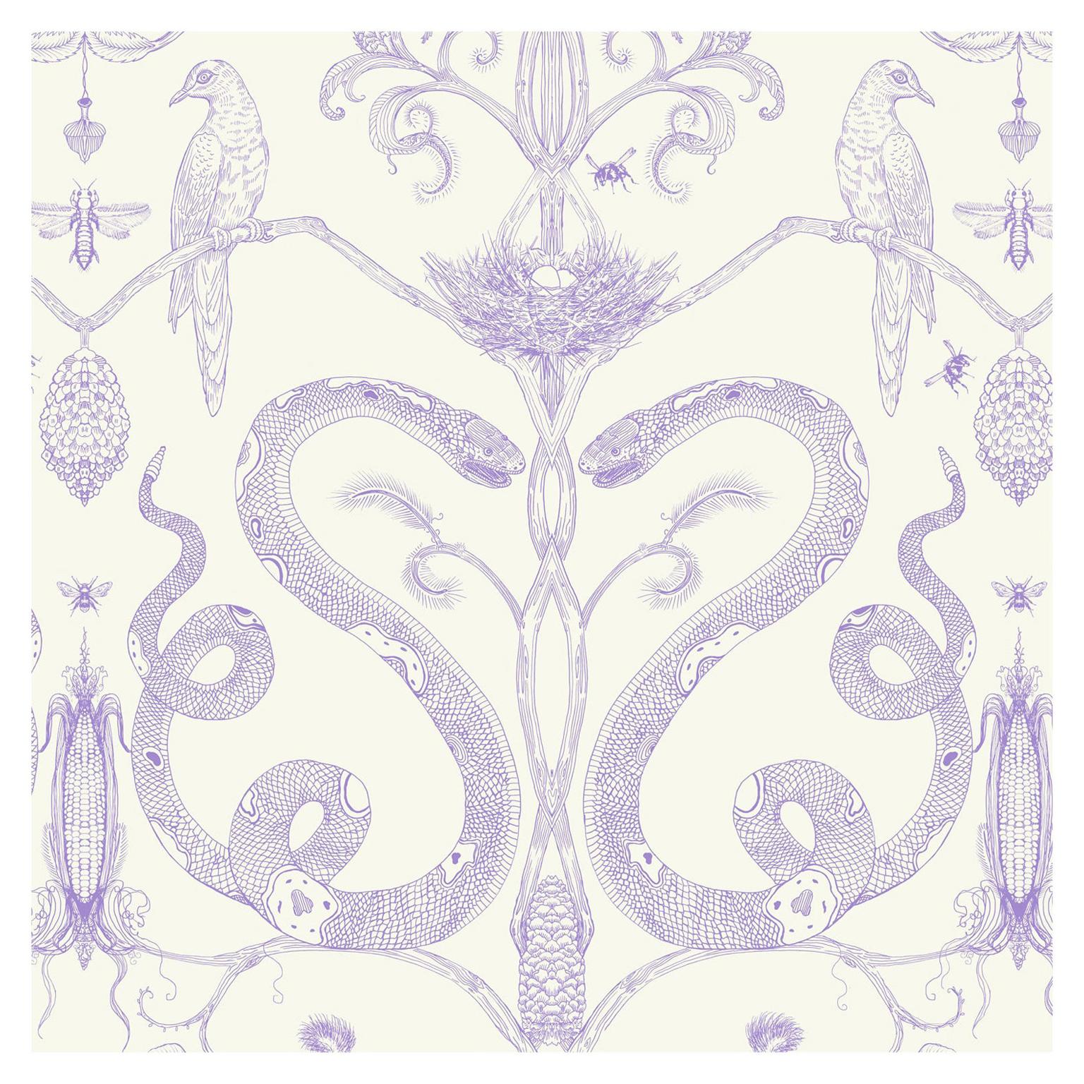 Snake Party in Lilac on Cream-Smooth Wallpaper with Hand Drawn Animals For Sale
