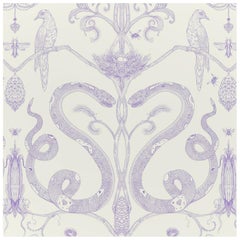 Snake Party in Lilac on Cream-Smooth Wallpaper with Hand Drawn Animals