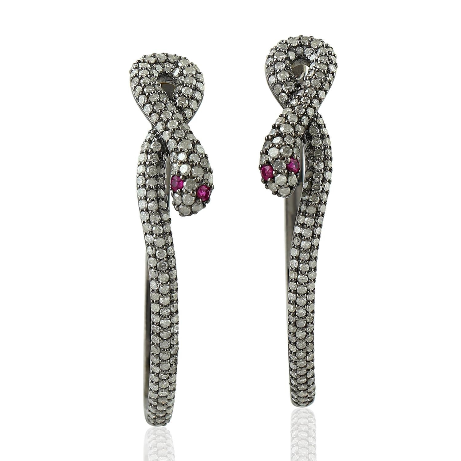 Modern Snake Pave Diamond Hoop Earrings in Silver