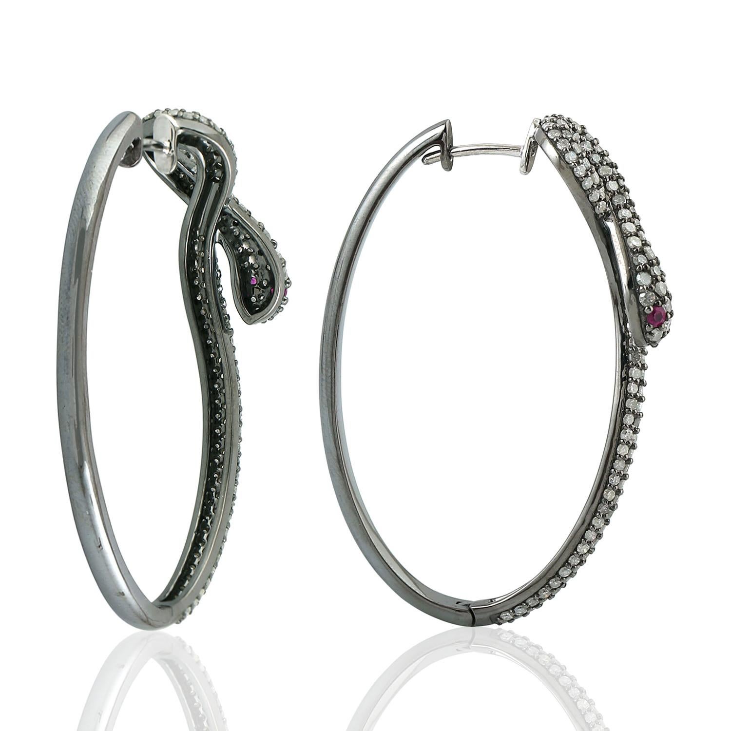 Snake Pave Diamond Hoop Earrings in Silver In New Condition In New York, NY