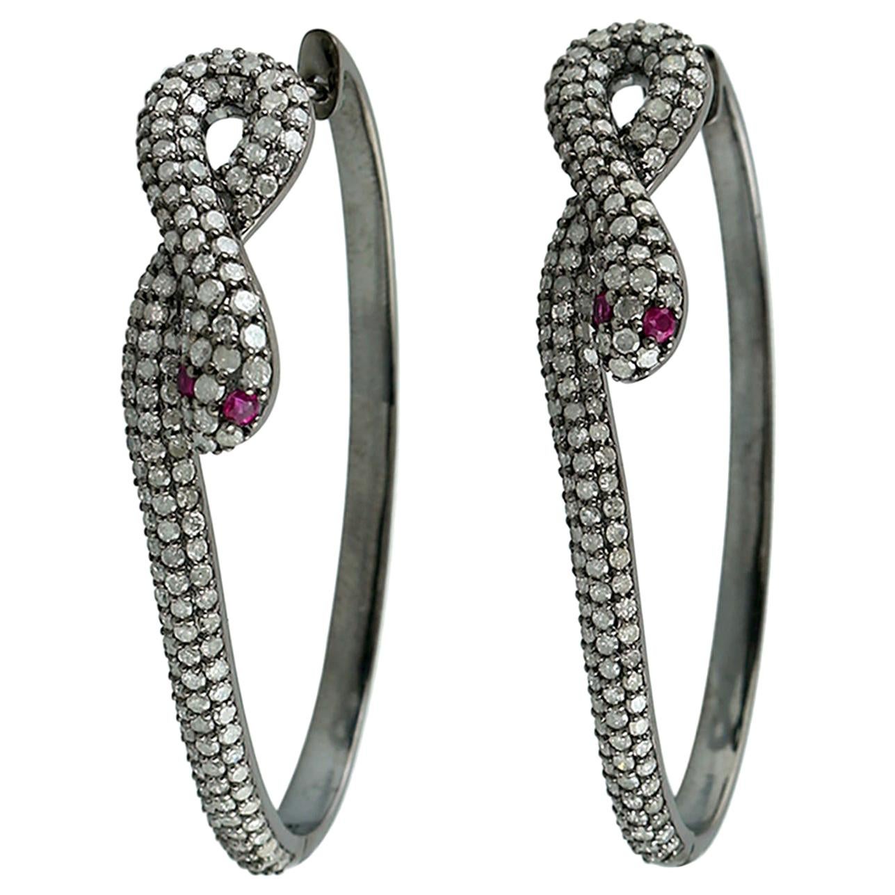 Snake Pave Diamond Hoop Earrings in Silver