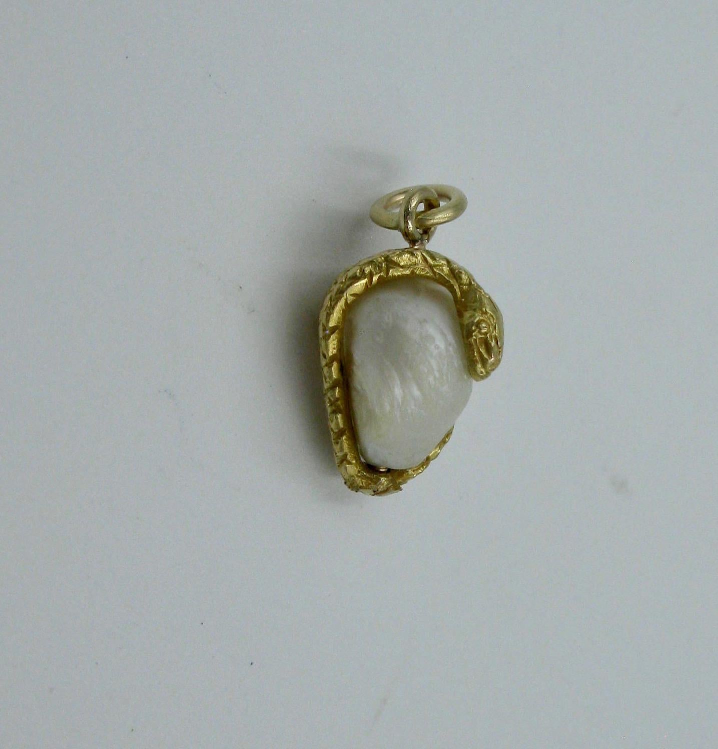 Snake Pendant Baroque Pearl Egg Antique Victorian 14 Karat Gold 4