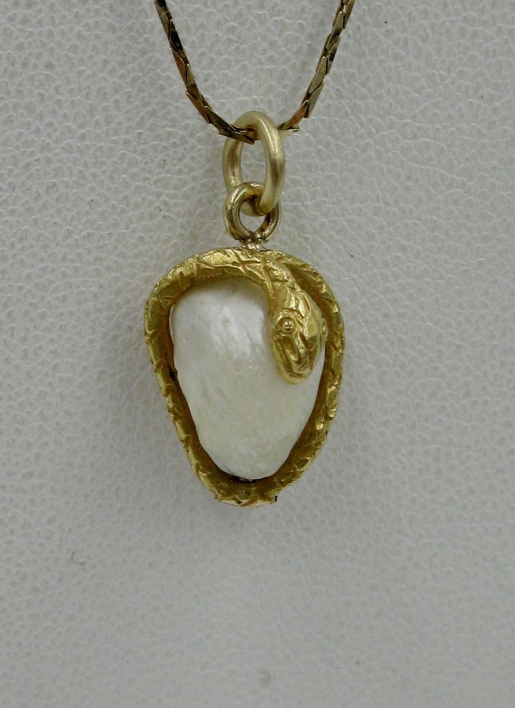 Snake Pendant Baroque Pearl Egg Antique Victorian 14 Karat Gold In Good Condition In New York, NY
