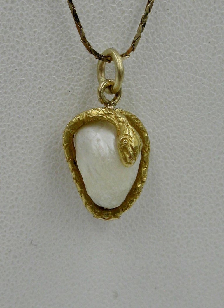 Snake Pendant Baroque Pearl Egg Antique Victorian 14 Karat Gold at 1stDibs