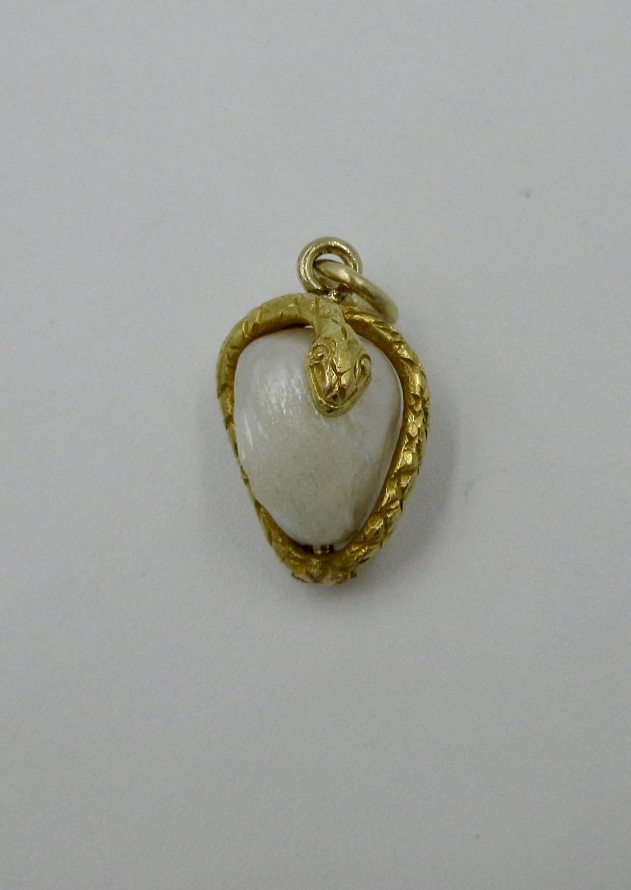 Snake Pendant Baroque Pearl Egg Antique Victorian 14 Karat Gold 1