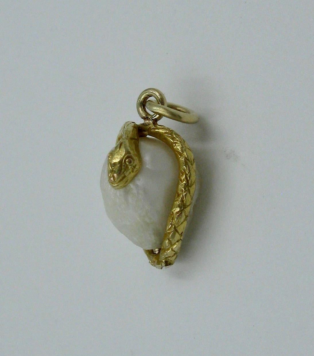 Snake Pendant Baroque Pearl Egg Antique Victorian 14 Karat Gold 2