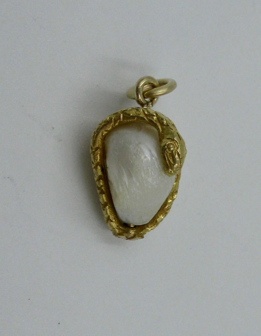Snake Pendant Baroque Pearl Egg Antique Victorian 14 Karat Gold 3