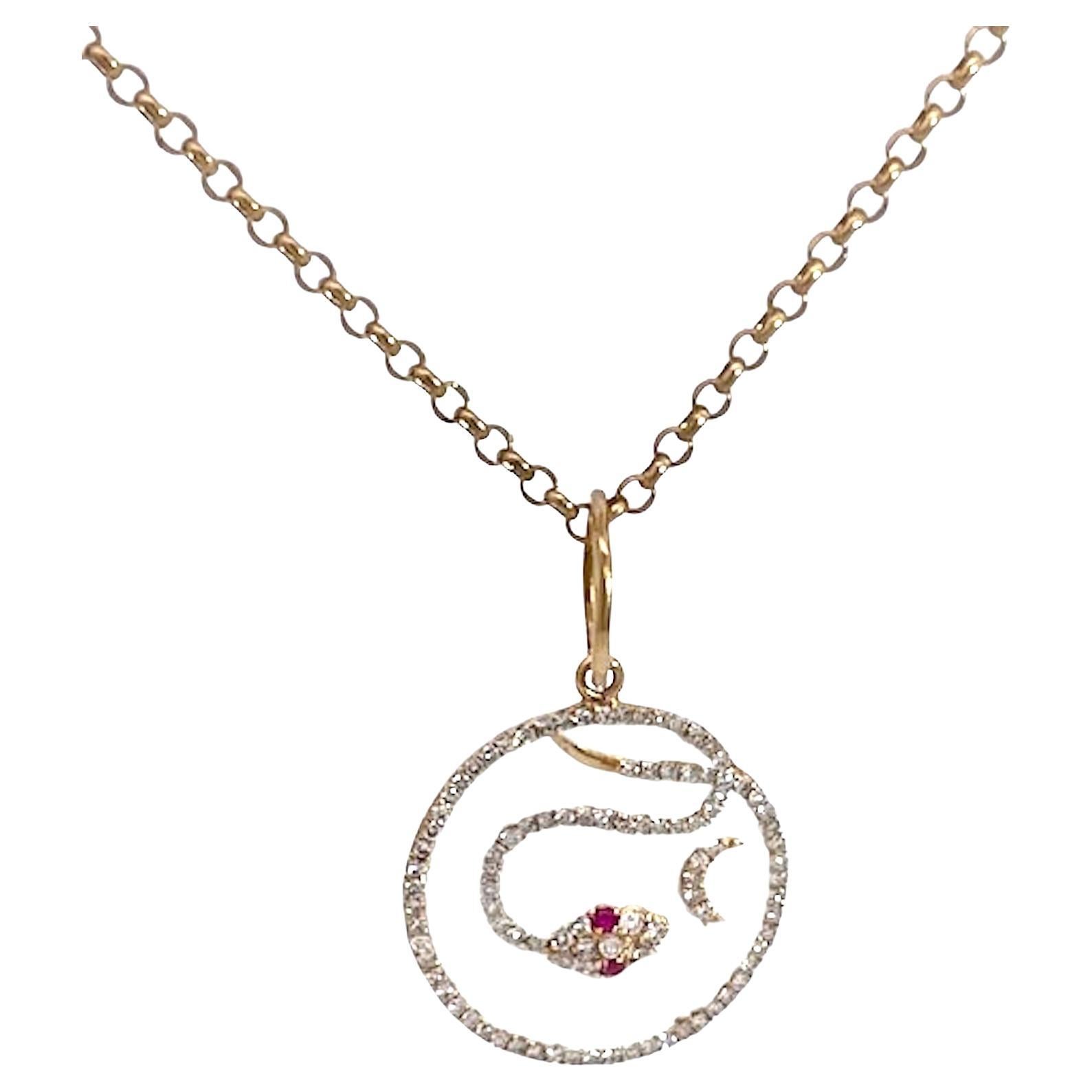 Ciondolo a forma di serpente con diamante e rubino a mezzaluna 14K in vendita