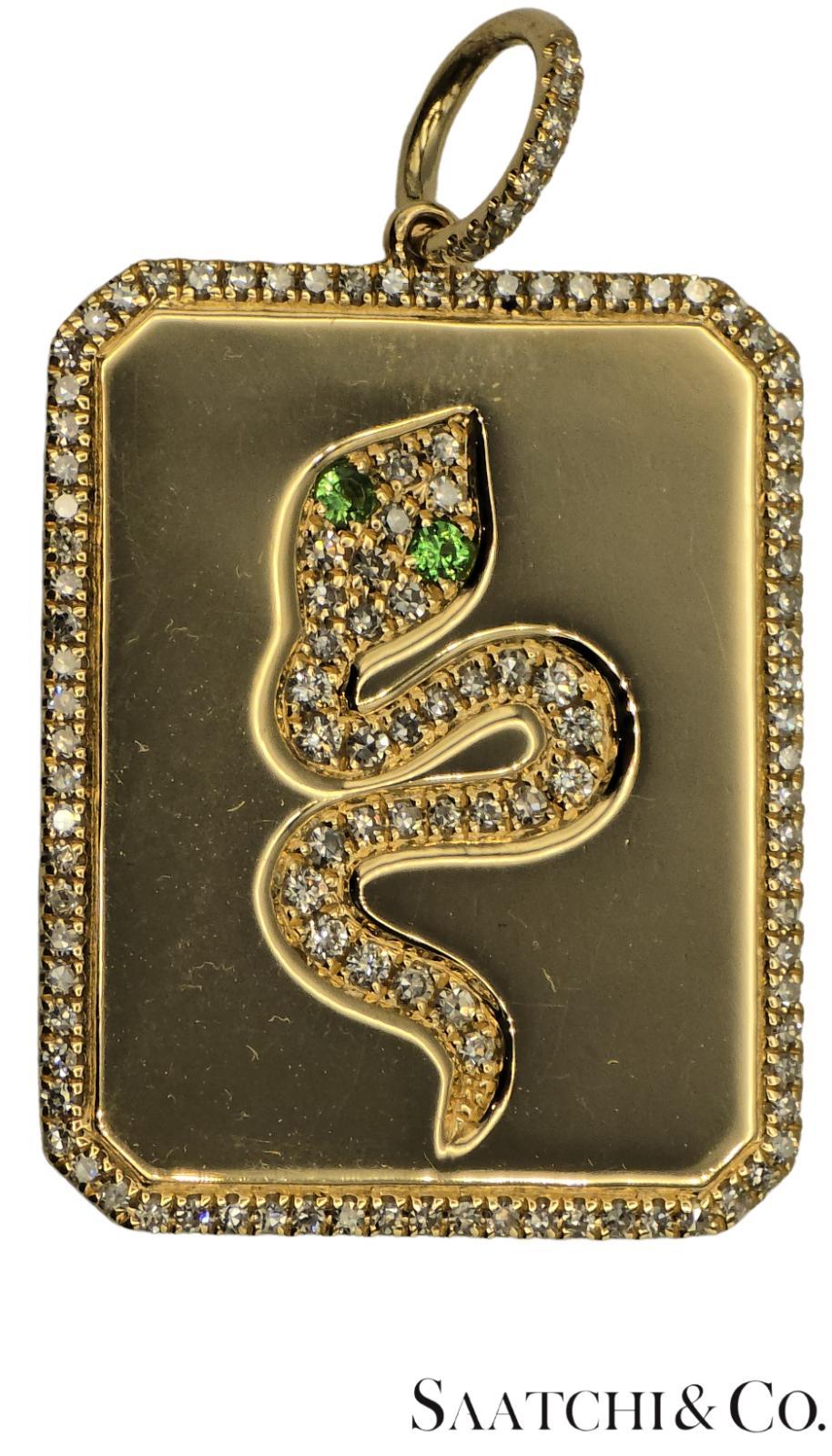Schlange Anhänger Natürlicher VVS Diamant & Natürlicher Tsavorit 14k 585 Gelbgold (Zeitgenössisch) im Angebot