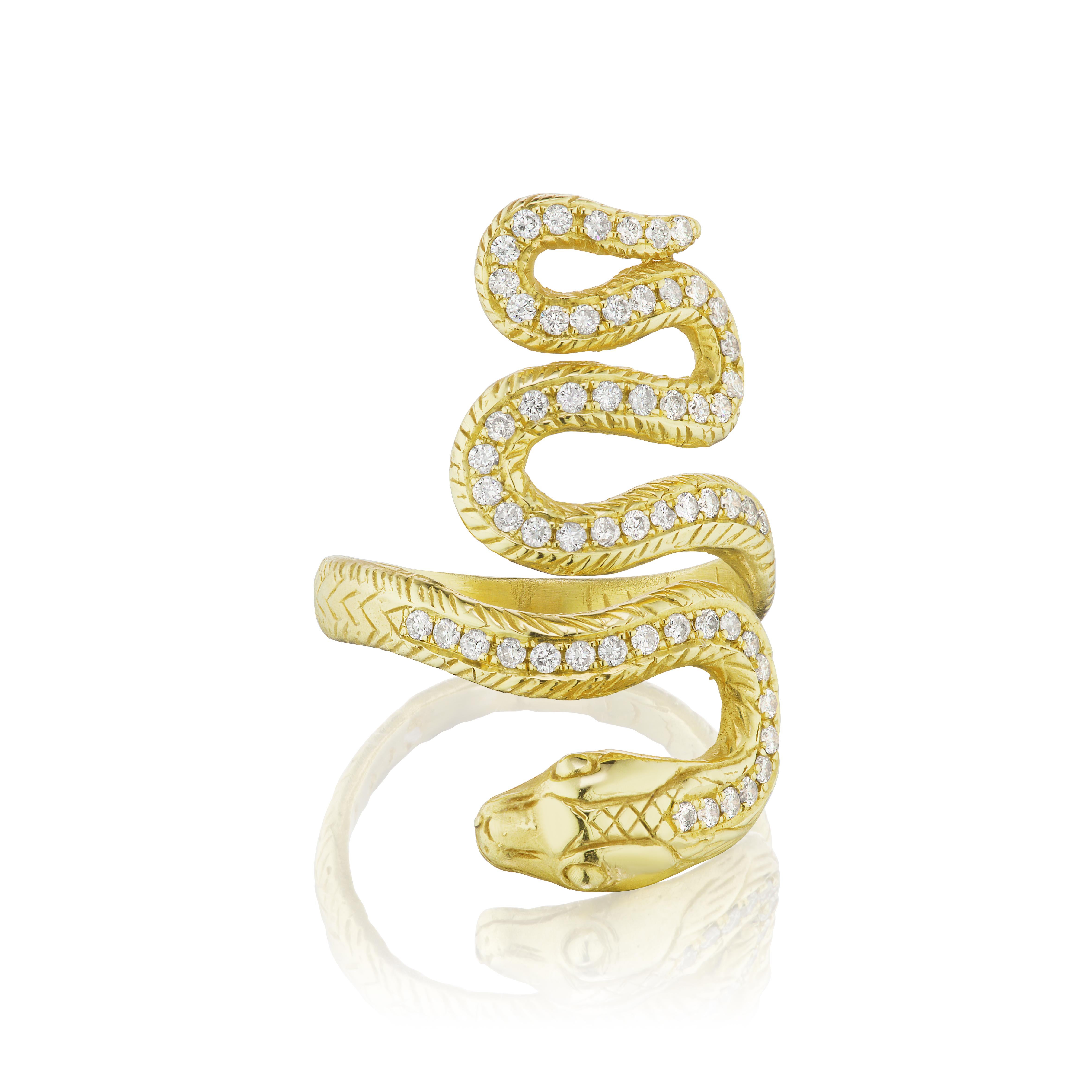 The diamond snake ring is designed by Christina Alexiou. 
The diamond snake ring is crafted with 18 karat pink gold and is made in Greece. It has 0.80ct diamonds. This snake’s form winds around the finger to form a striking cocktail ring. 
As