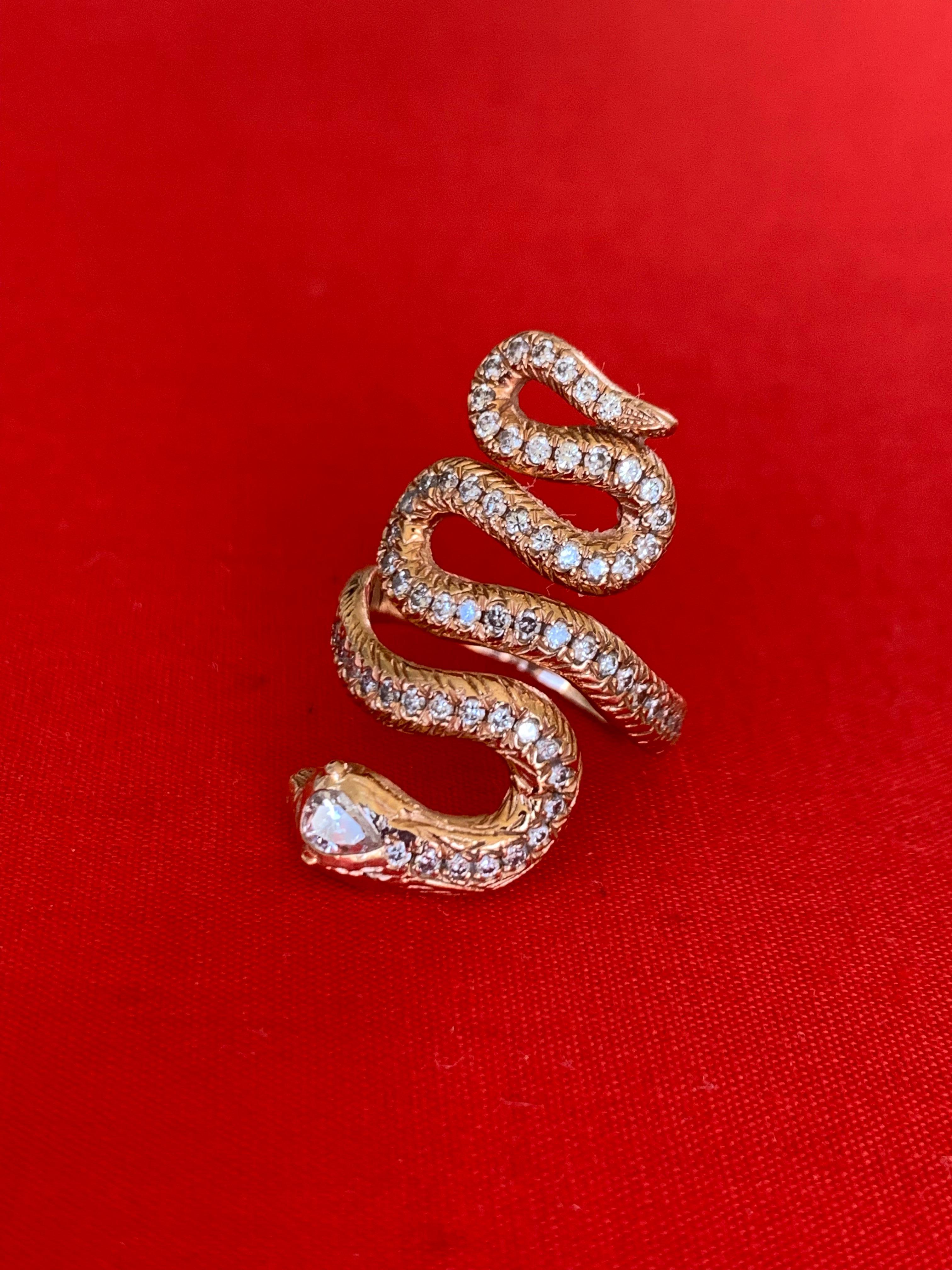 Women's or Men's Snake Ring 18 Karat Pink Gold with 0.80 Carat Diamonds For Sale