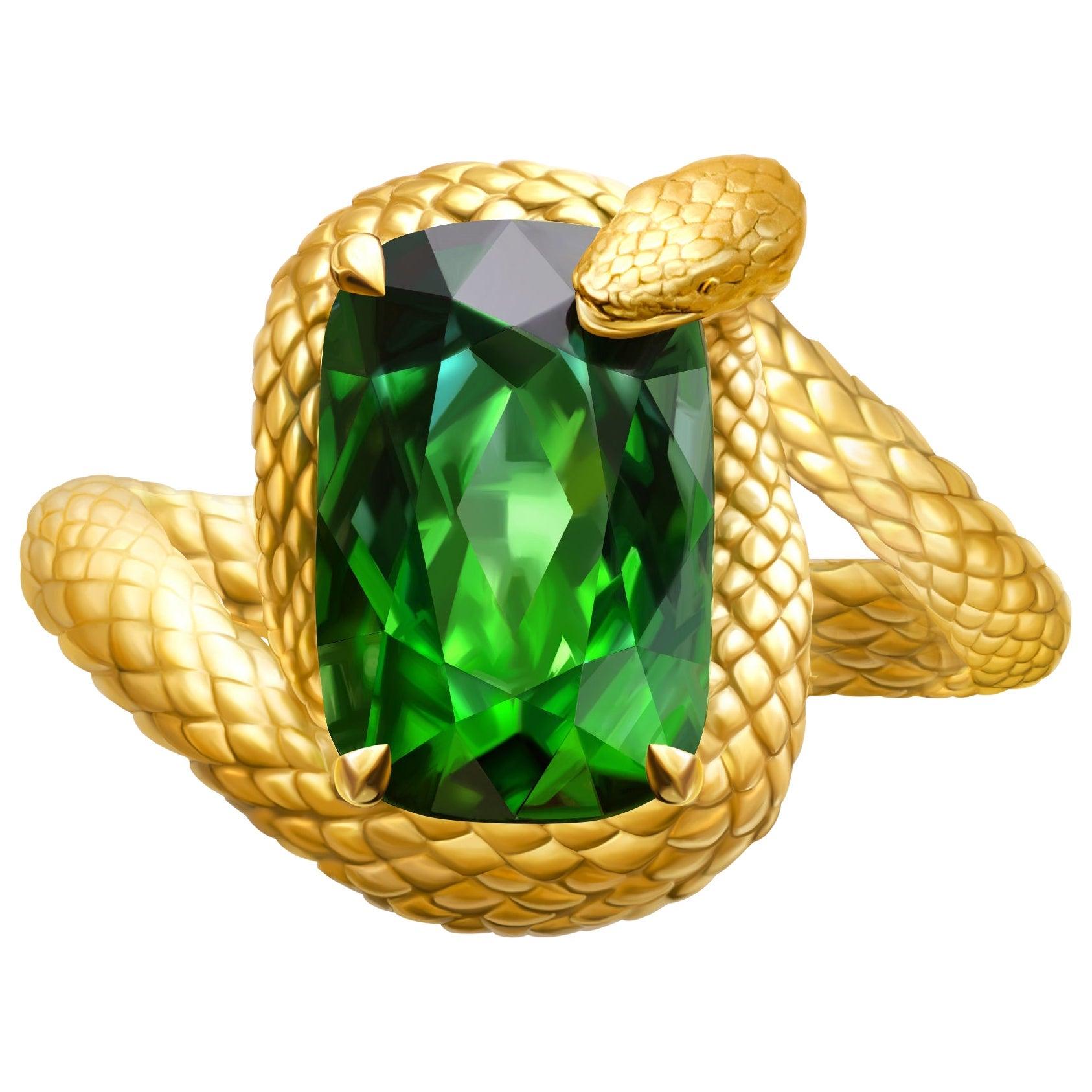 For Sale:  "Snake" Ring 6.6 Carat Intense Green Tourmaline 18 Karat Yellow Gold