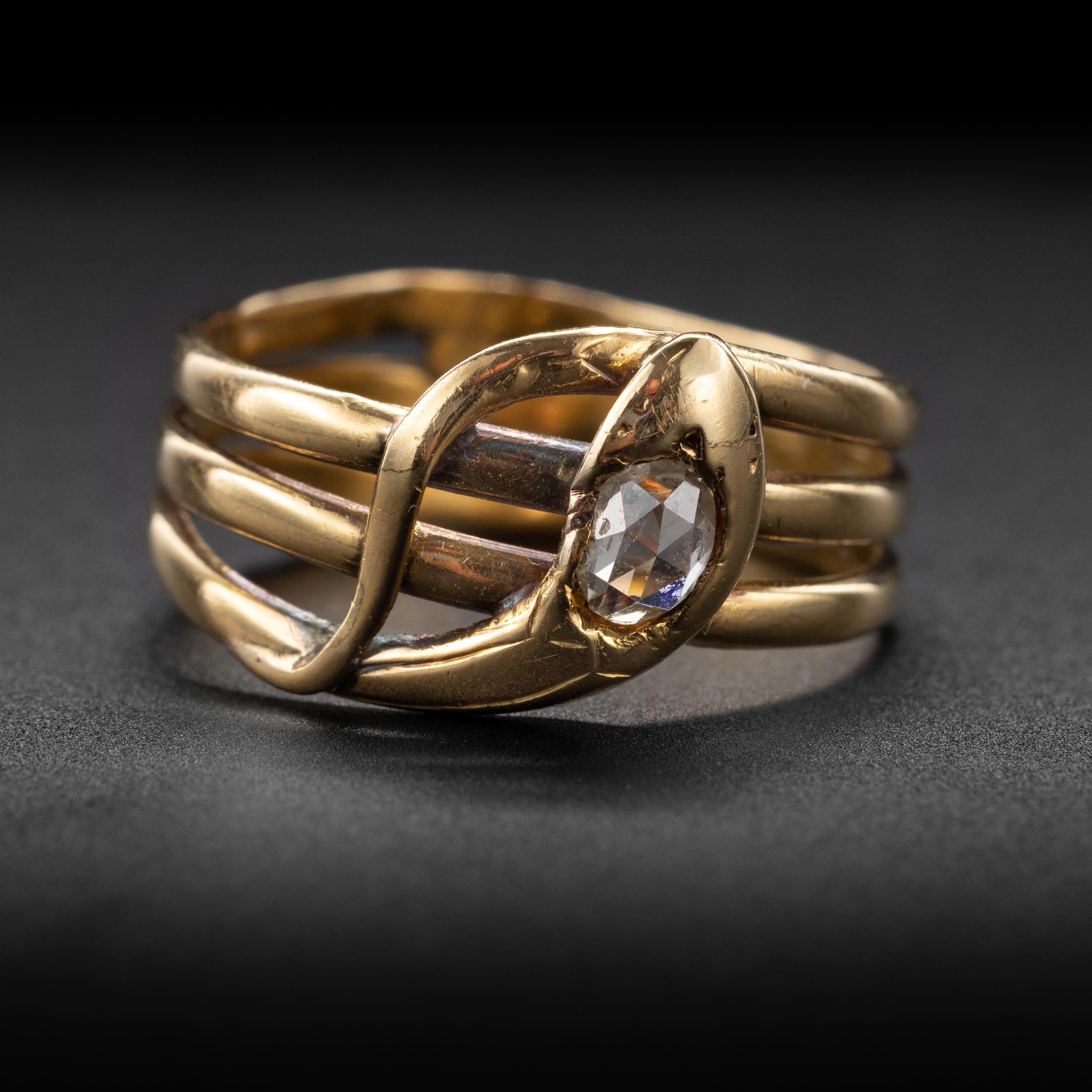 Much old jewelry becomes old jewelry of interest to nobody. Snake rings are one exception; they are more popiolar now than when they were first created.  This luxuriousn18K yellow gold antique ring was entirely hand-crafted in the late 19th century.