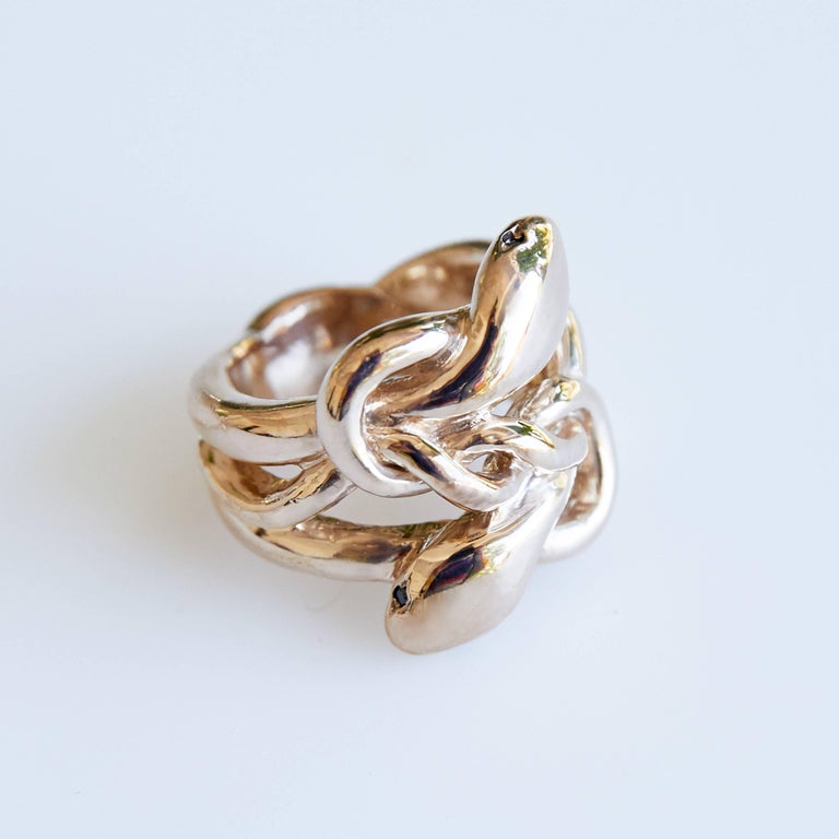 Round Cut Black Diamond Ring Double Head Snake Ring Bronze Cocktail Ring J Dauphin For Sale