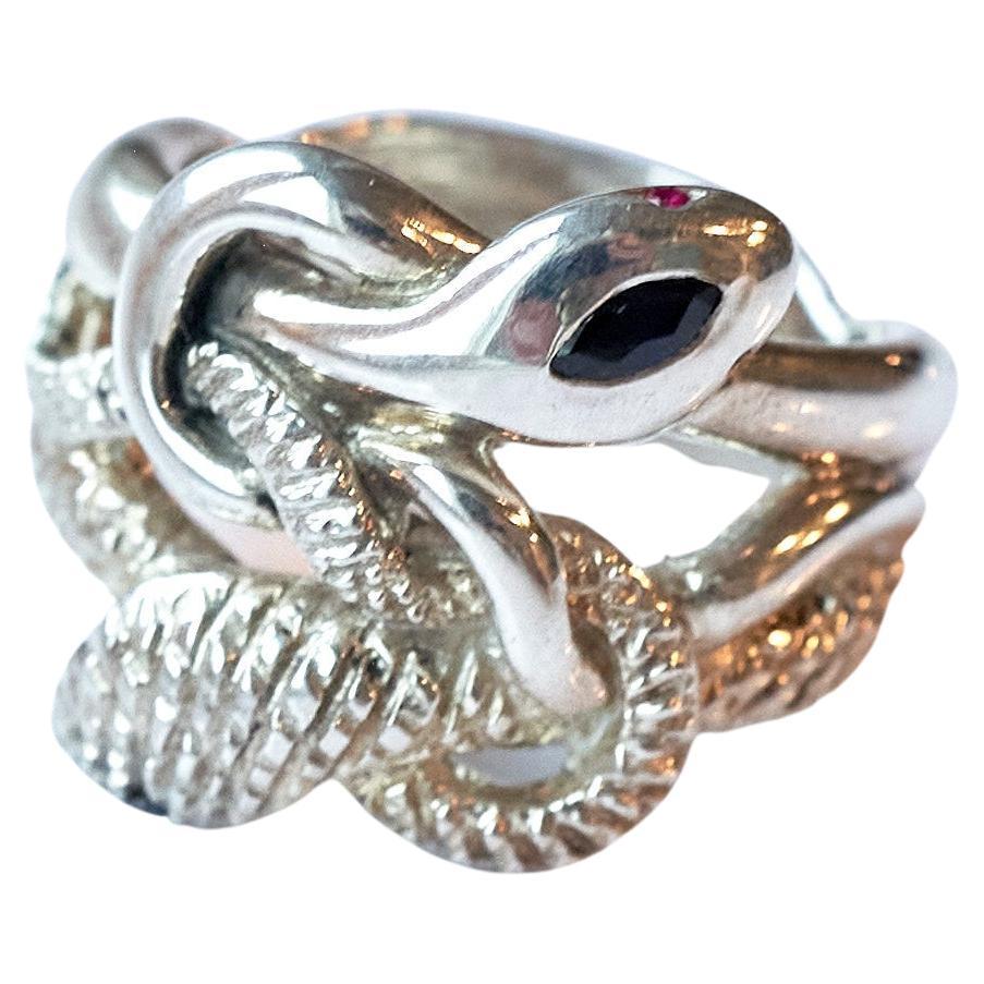 Anillo de serpiente con zafiro azul marqués Diamante negro Rubí Plata Corte brillante en venta