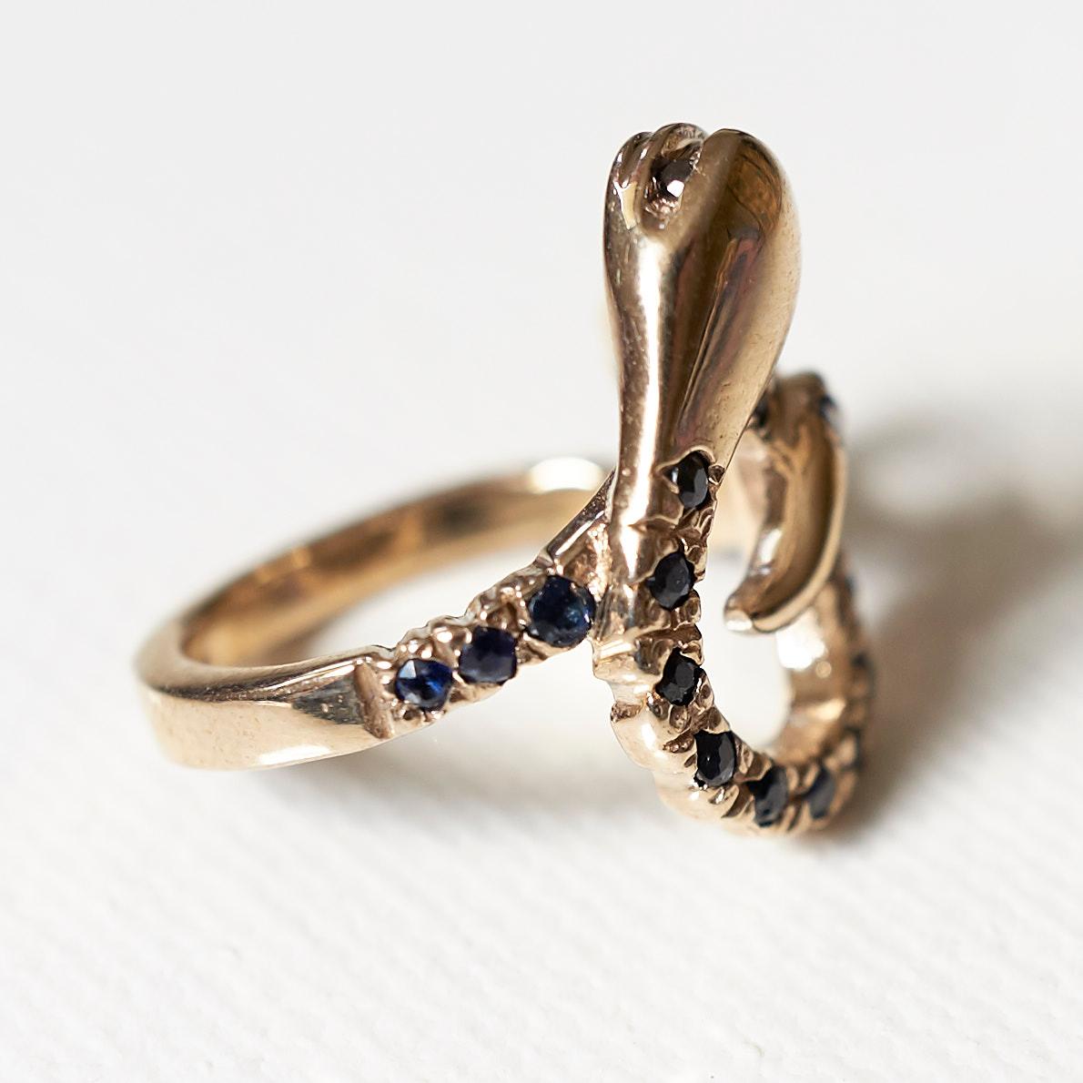 Black Diamond Aquamarine Snake Ring Gold Cocktail Victorian Style J Dauphin In New Condition For Sale In Los Angeles, CA