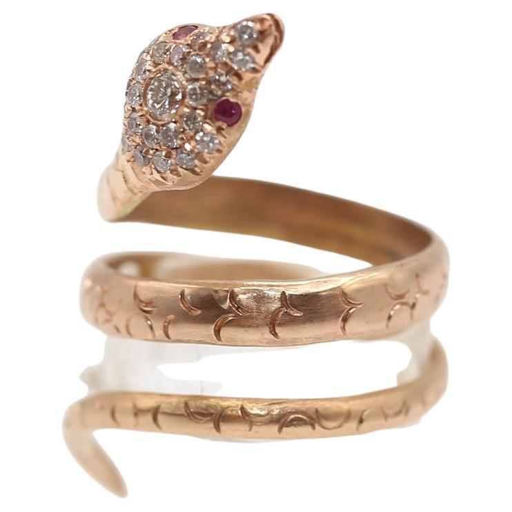 Modern Snake Ring Diamonds Rubies Yellow Gold, 1950 For Sale