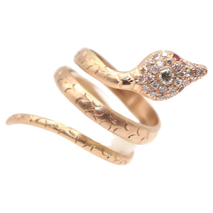 Round Cut Snake Ring Diamonds Rubies Yellow Gold, 1950 For Sale