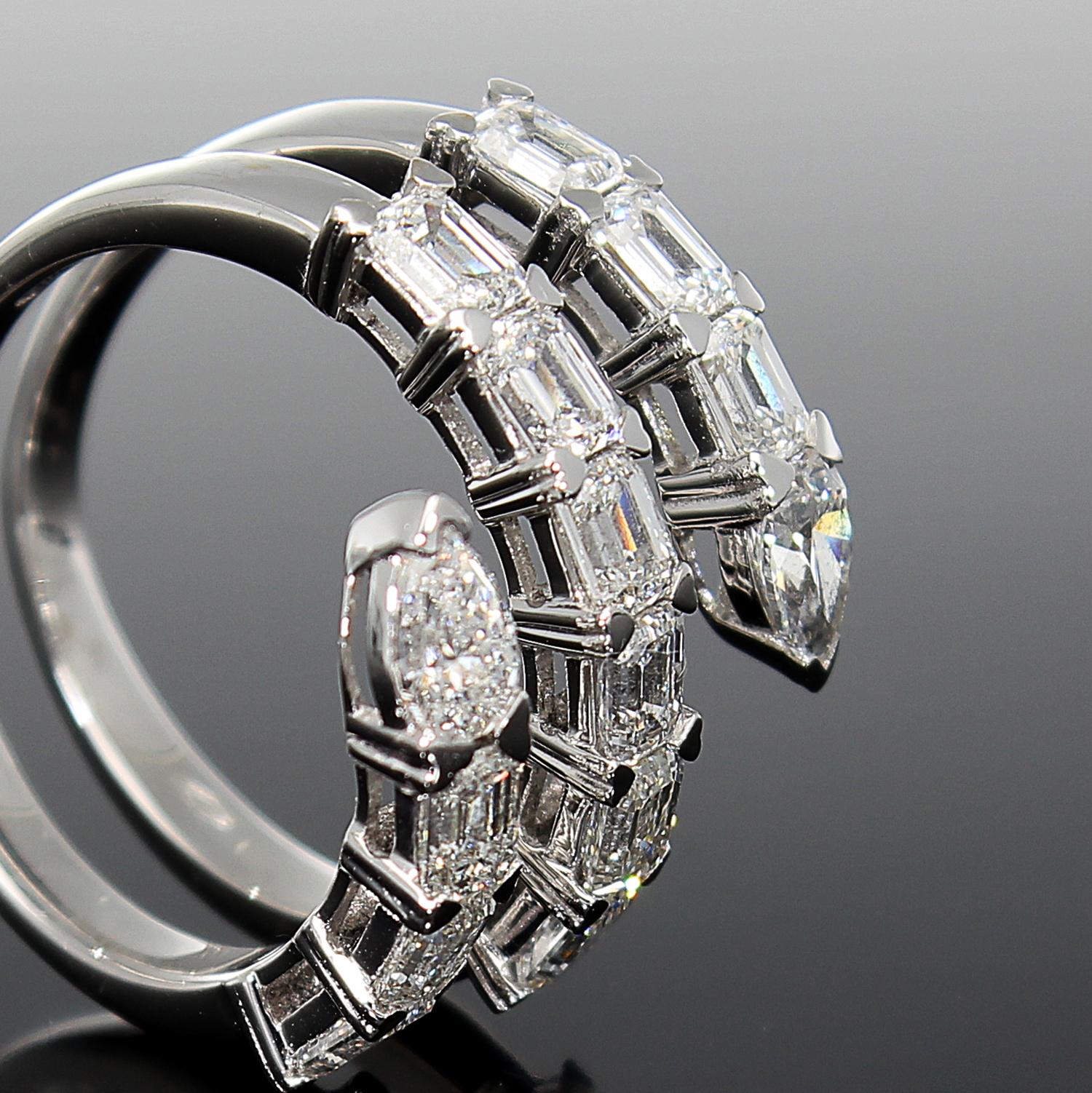 Modern Snake Ring, Emerald Cut and Drop Cut Diamonds, 18 Kt White Gold