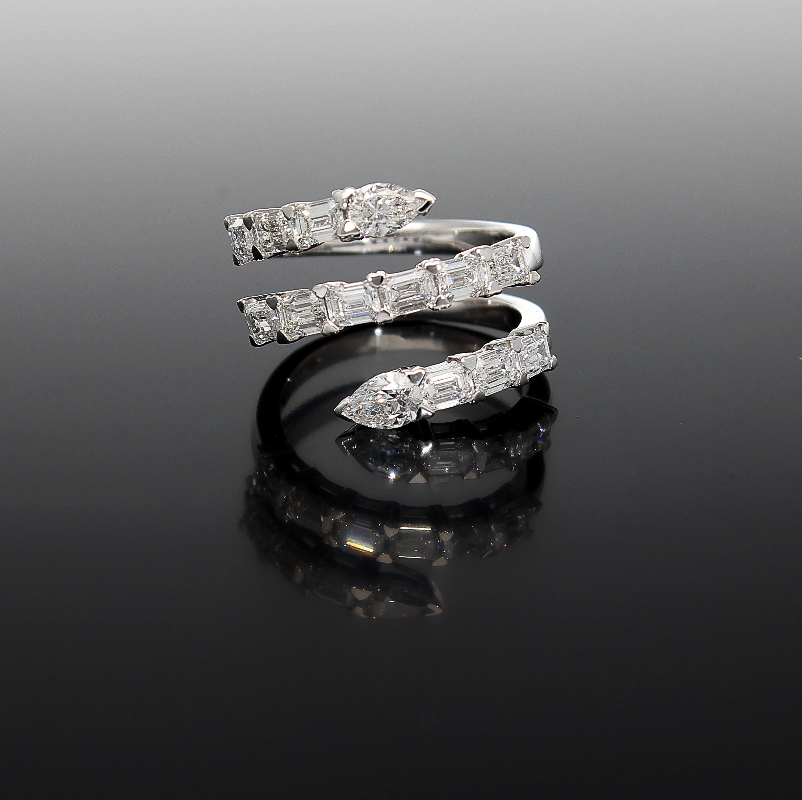 Snake Ring, Emerald Cut and Drop Cut Diamonds, 18 Kt White Gold 3