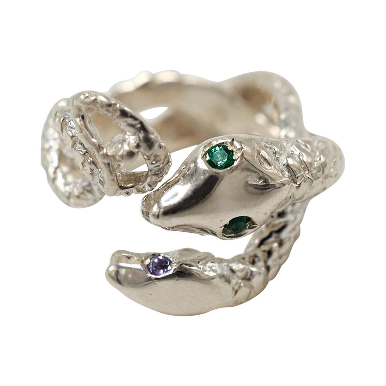 Snake Ring Emerald Tanzanite Sterling Silver Adjustable J Dauphin For Sale