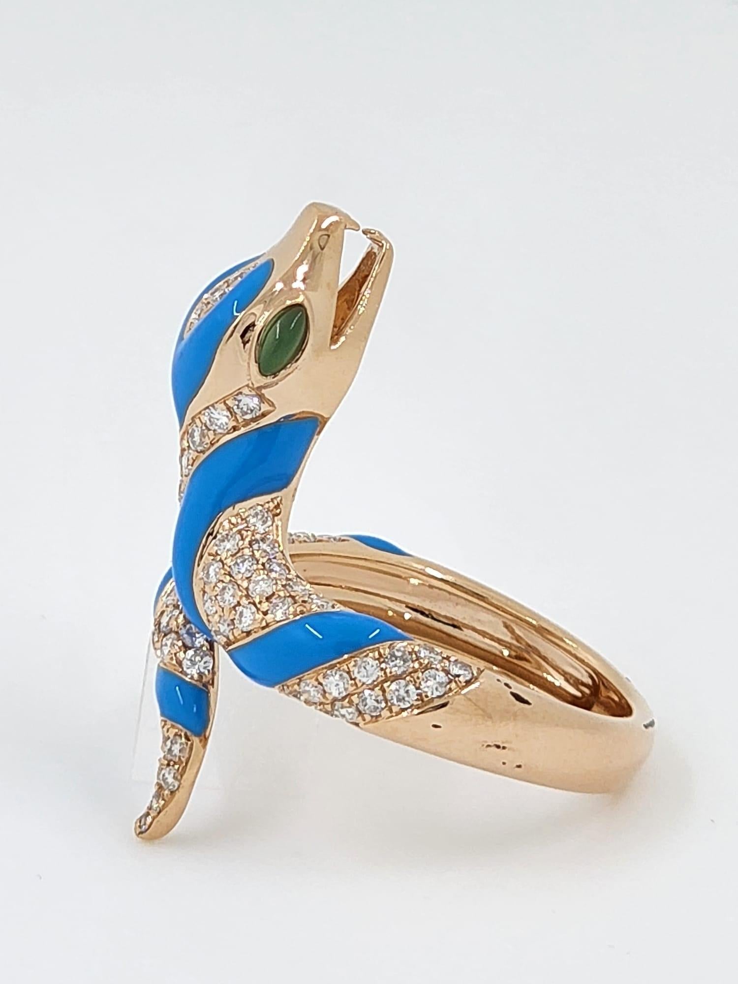 Schlangenring aus 18 Karat Roségold mit Emaille und Diamanten (Rundschliff)