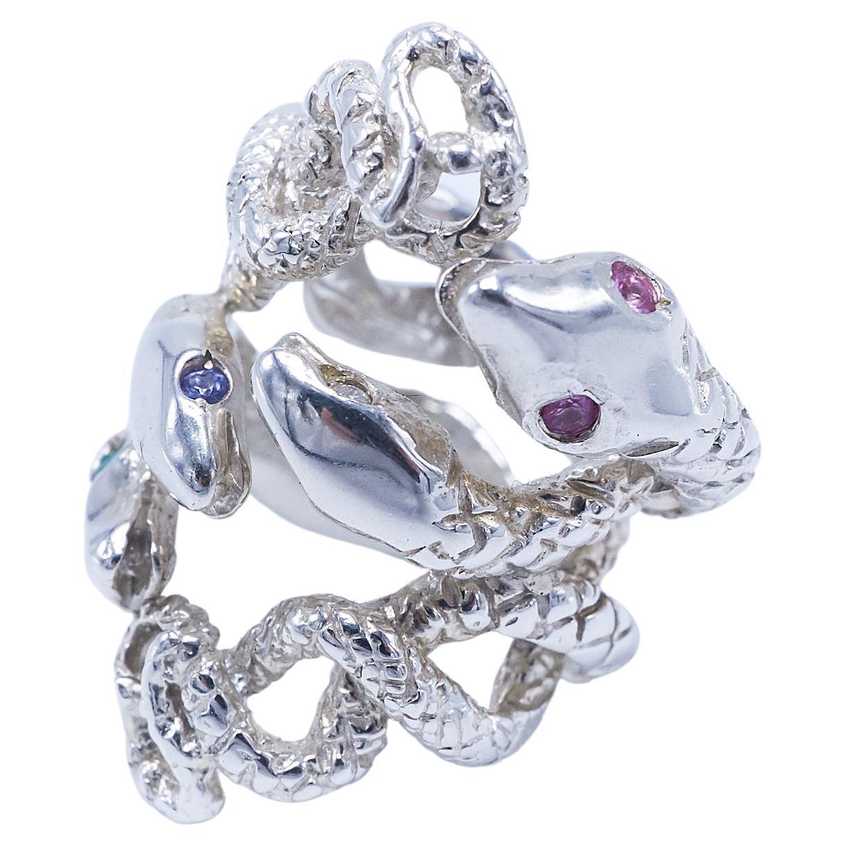 Cocktail Statement Snake Sterling Silver Ring 2 Emeralds 2 White Diamond 2 Pink Sapphires 2 Tanzanites Open ring slightly adjustable J Dauphin

J DAUPHIN 