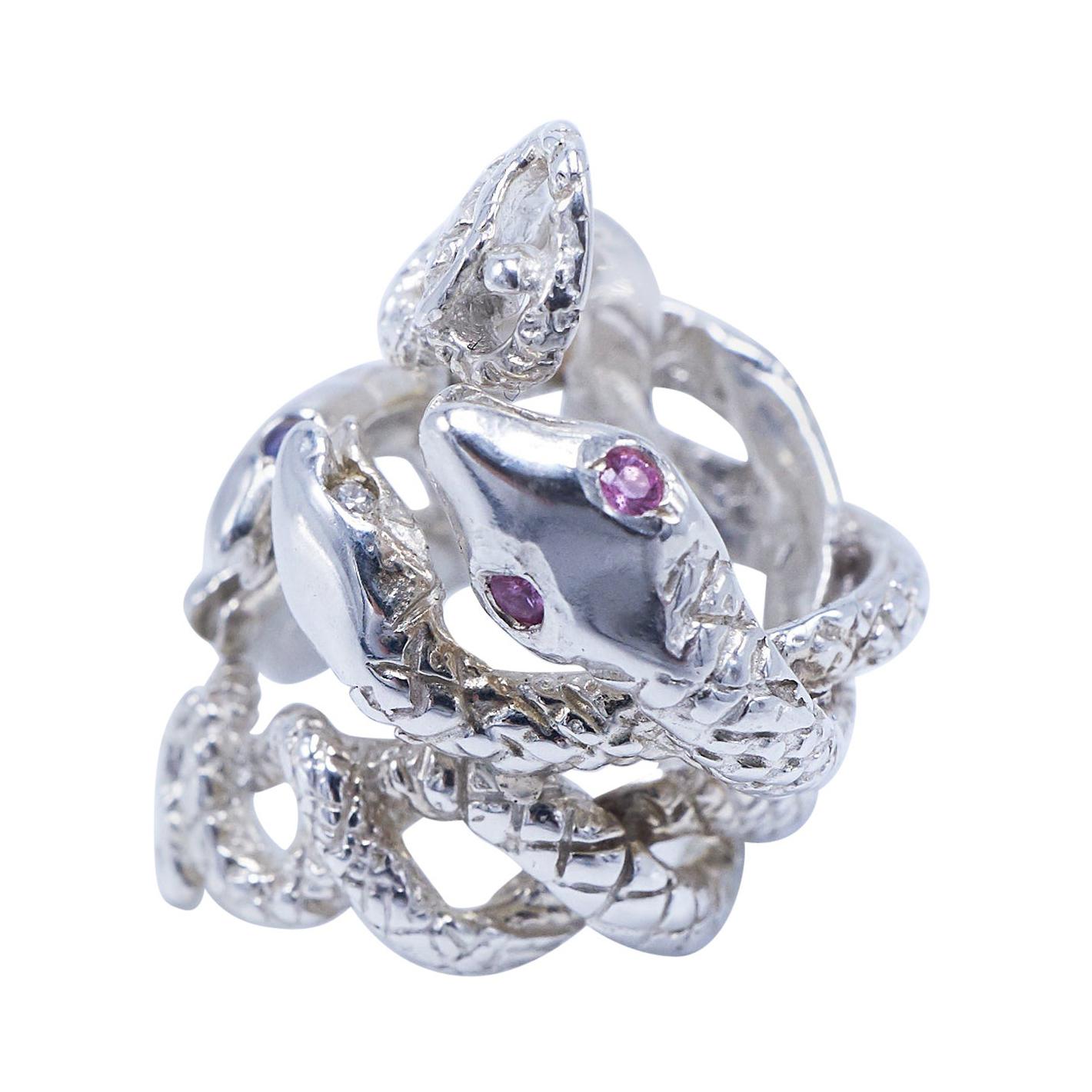 Contemporary Snake Ring Pink Sapphire White Diamond Emerald Tanzanite  Silver Cocktail Ring