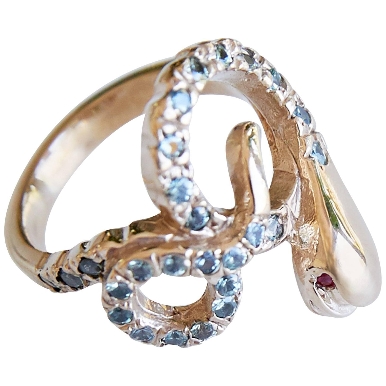 Brilliant Cut Snake Ring Serpent Green Sapphire Ruby Gold Victorian Style For Sale