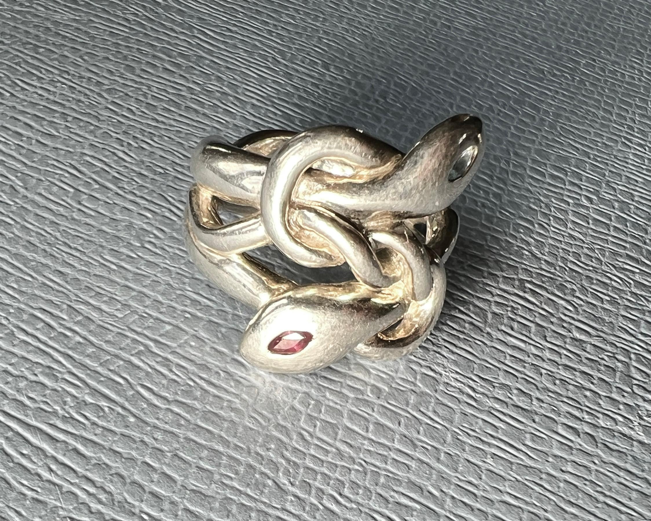 Victorian Snake Ring Silver Aquamarine Ruby For Sale