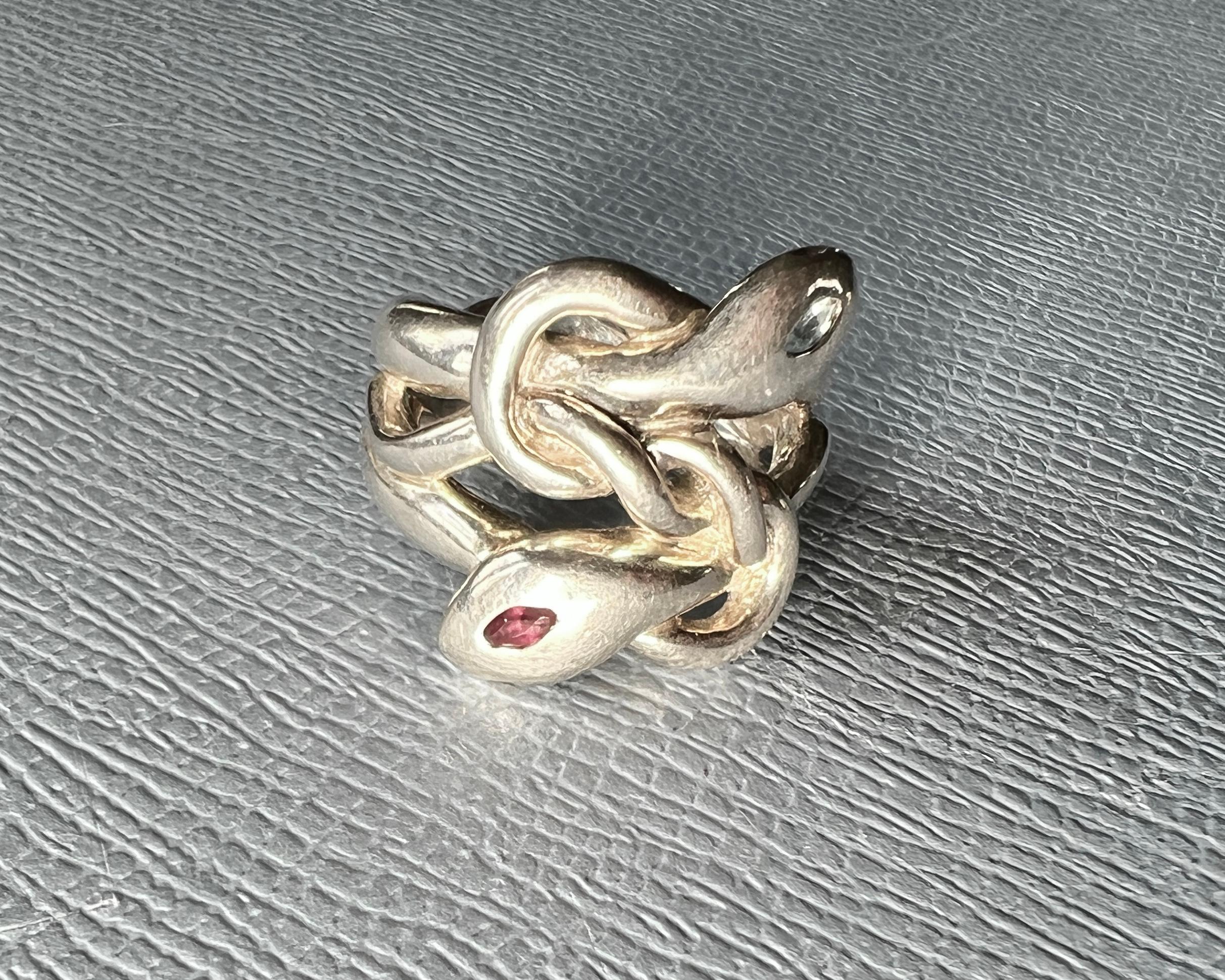 Snake Ring Silver Aquamarine Ruby For Sale 1